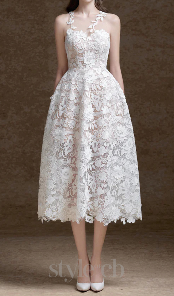 erica floral lace midi dress in white