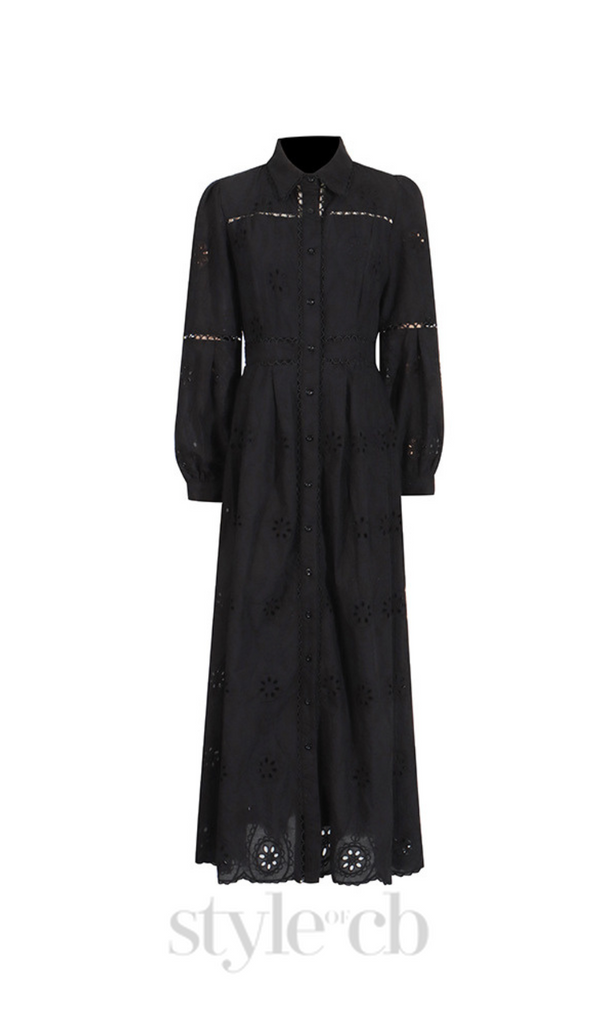 retro single-breasted hollow lace midi dress in black