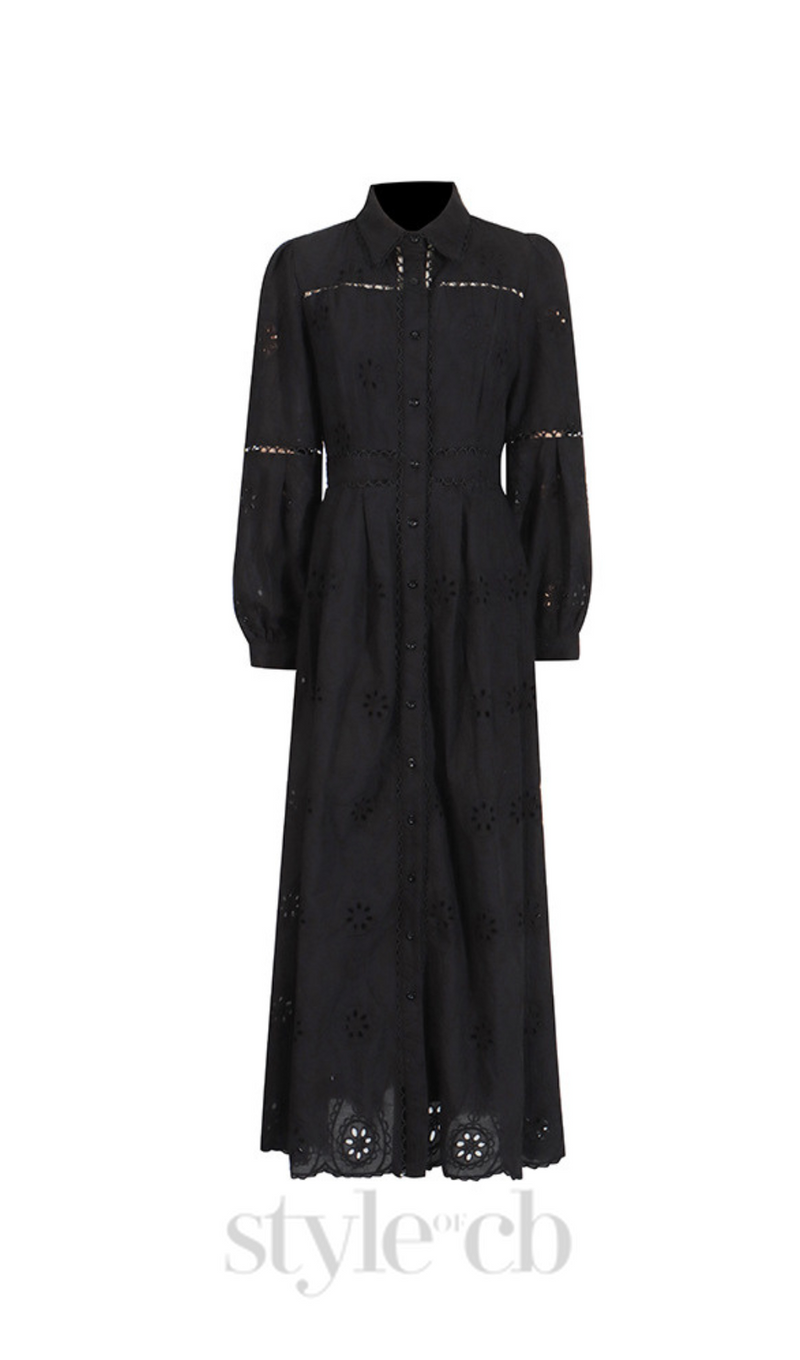 retro single-breasted hollow lace midi dress in black