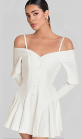 off-shoulder pleated trim mini dress in white