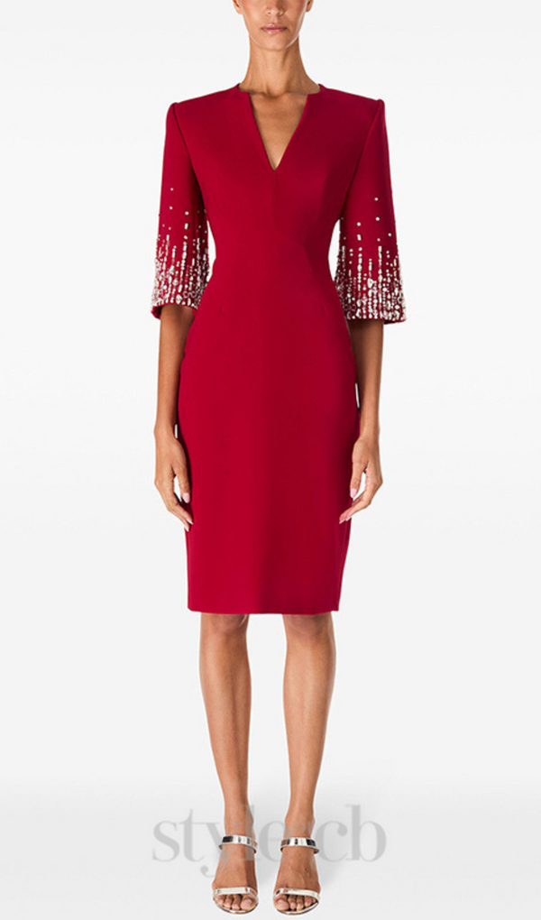 biela v-neck crystal-embellished midi dress in red