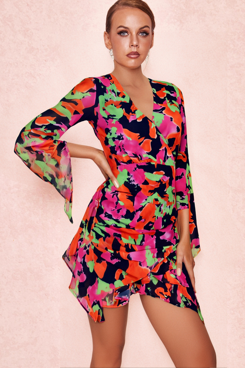 PRINTED RUFFLE MESH DRESS