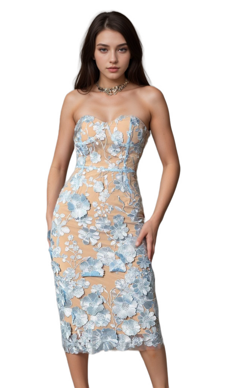 bblythe Avital Strapless Blue Flower Midi Dress