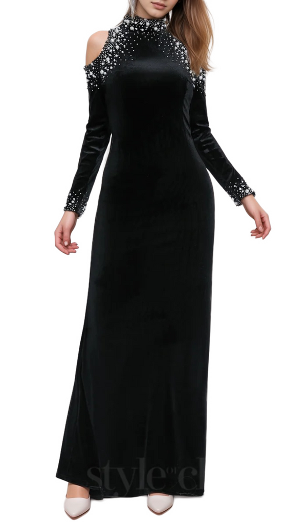 barbara sequin embellished long sleeve maxi dress in black