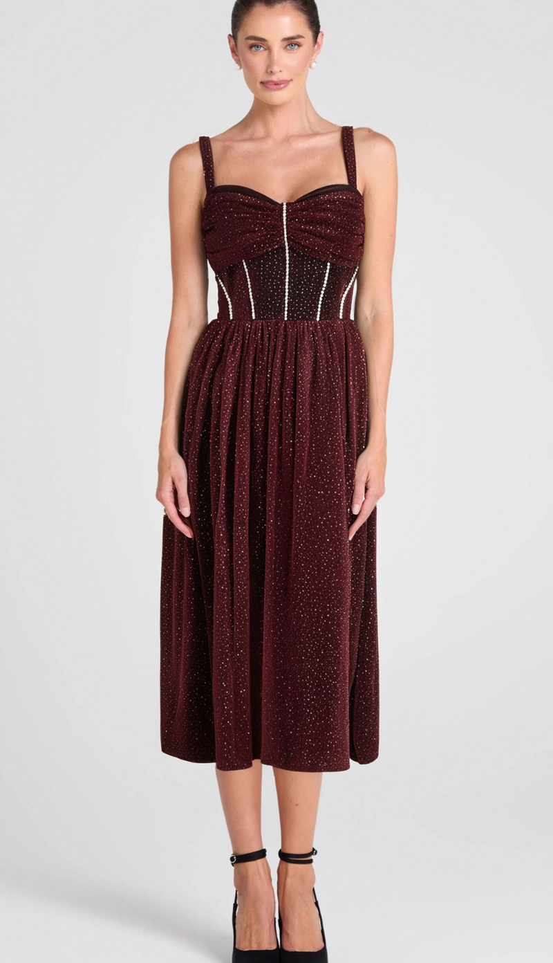 RUCHED BUST RHINESTONE MESH CAMI DRESS