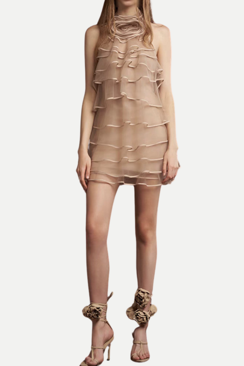 Chiffon Sleeveless Ruffle Mini Dress in khaki