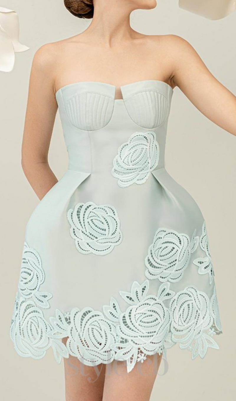 THERA FLOWER EMBELLISHED MINI DRESS IN PALE BLUE