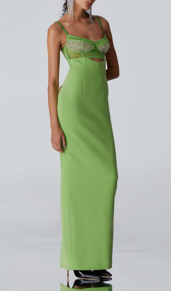 GREEN BEADING BANDAGE MIDI DRESS