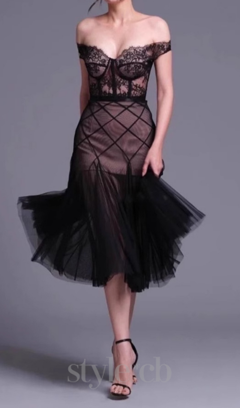 floral dentelle off-shoulder bustier corset net skirt set