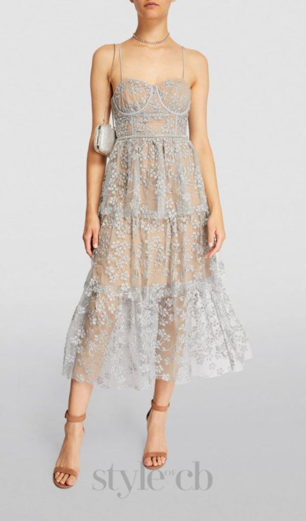 FLORAL EMBELLISHED MIDI DRESS IN BLUE