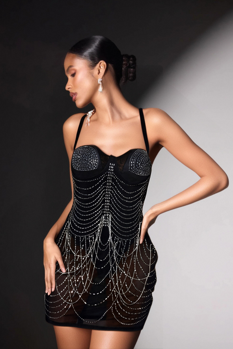 RHINESTONE EMBELLISHED MESH DRESS