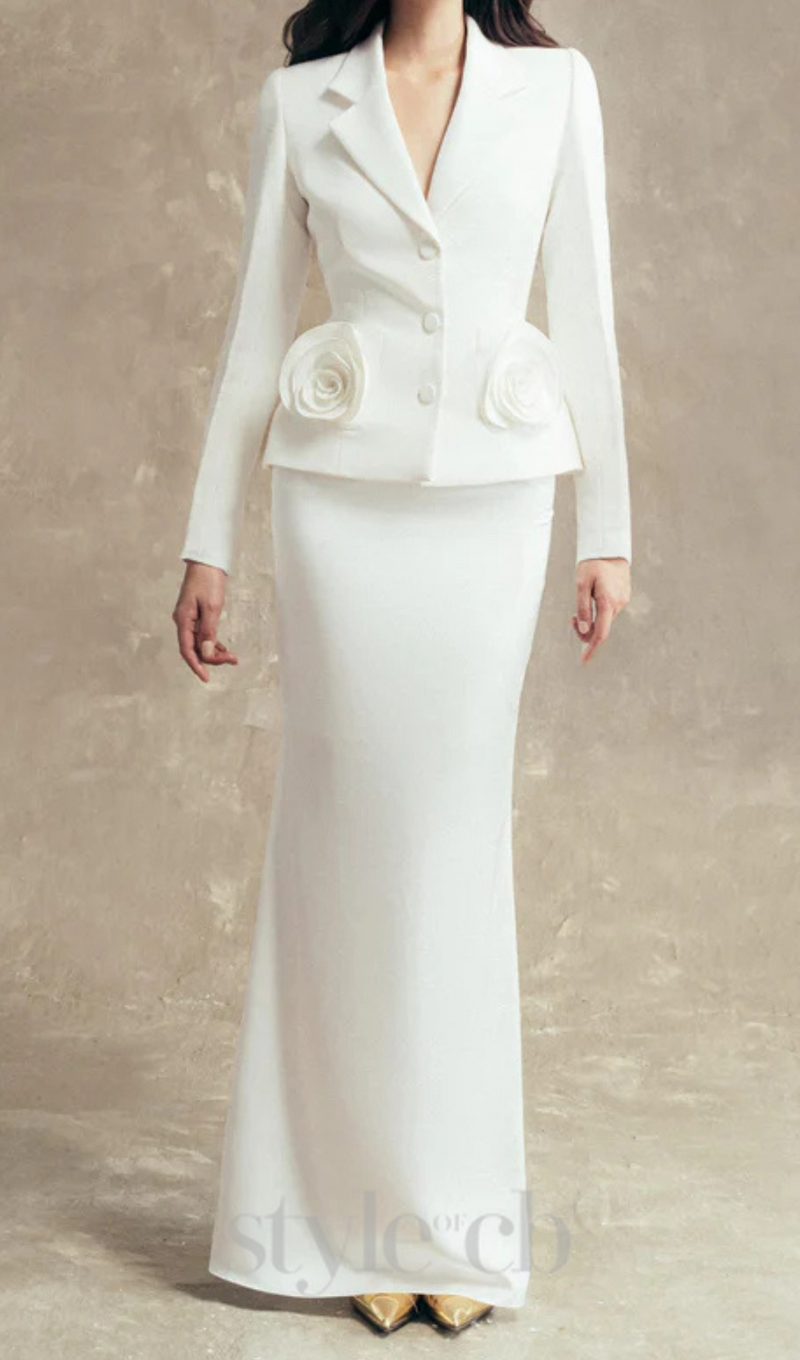 flower embellished jacket skirt set in white