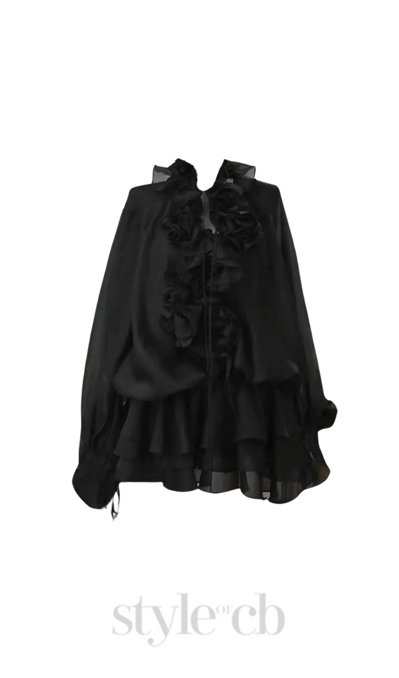 Jaketta Flower Ruffle Mini Dress In Black