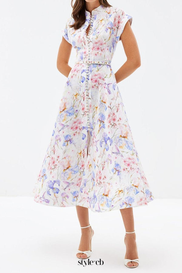 multicolor floral print a-line midi dress