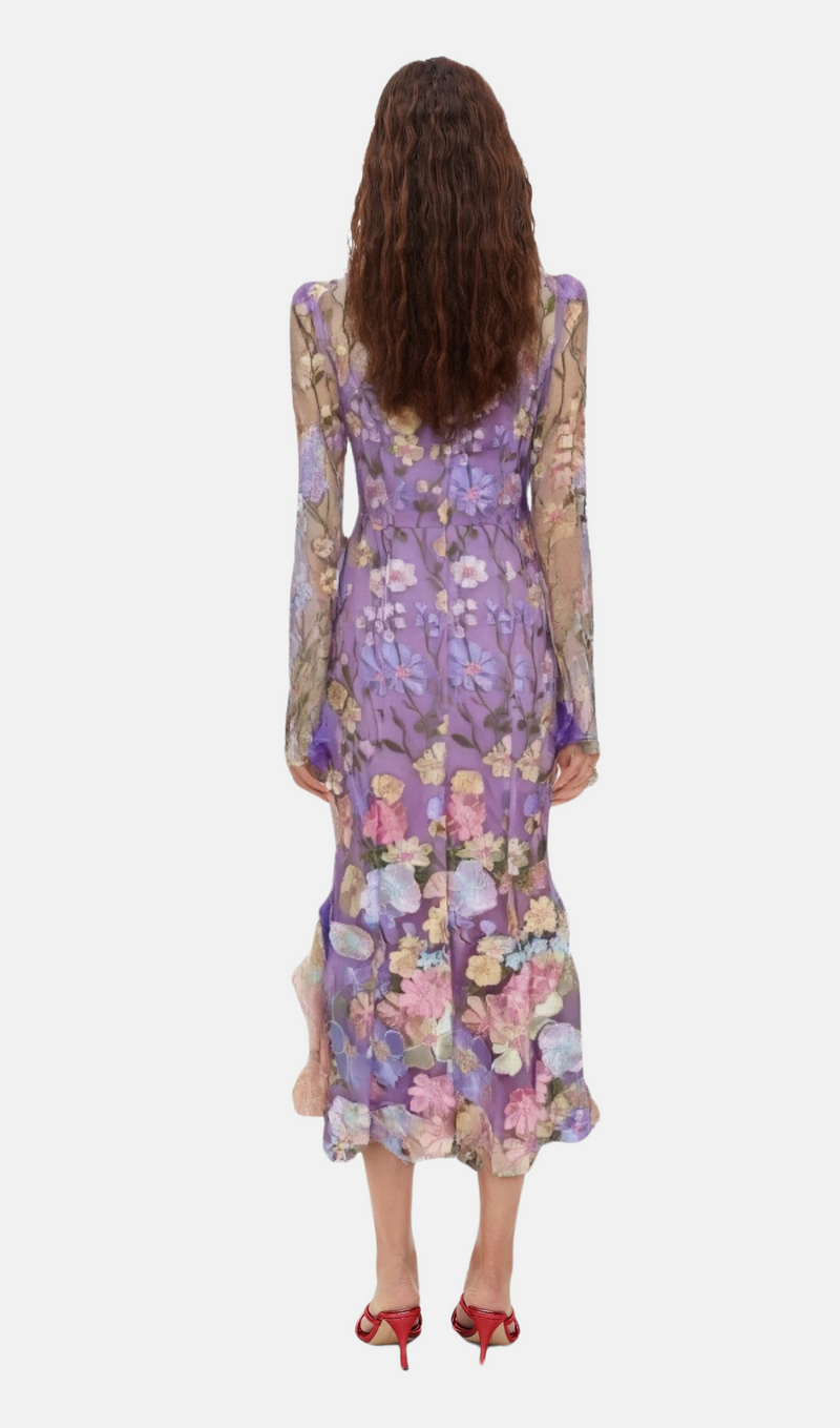LONG SLEEVE EMBROIDERED MIDI DRESS IN PURPLE