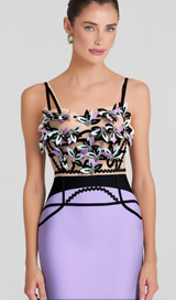 CRYSTAL BEADED APPLIQUE MIDI BANDAGE DRESS