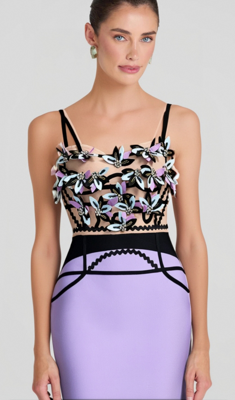 CRYSTAL BEADED APPLIQUE MIDI BANDAGE DRESS