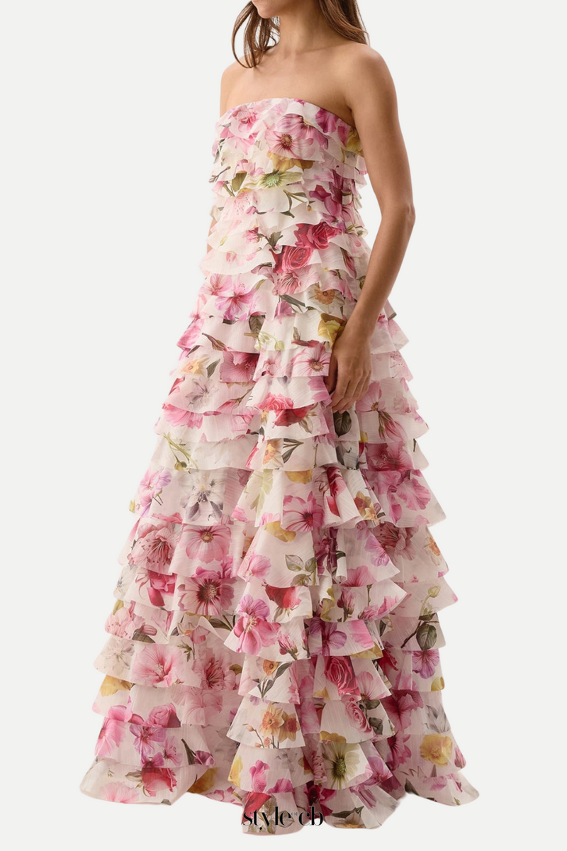 yetta Strapless Floral Printed Layered Maxi Dress