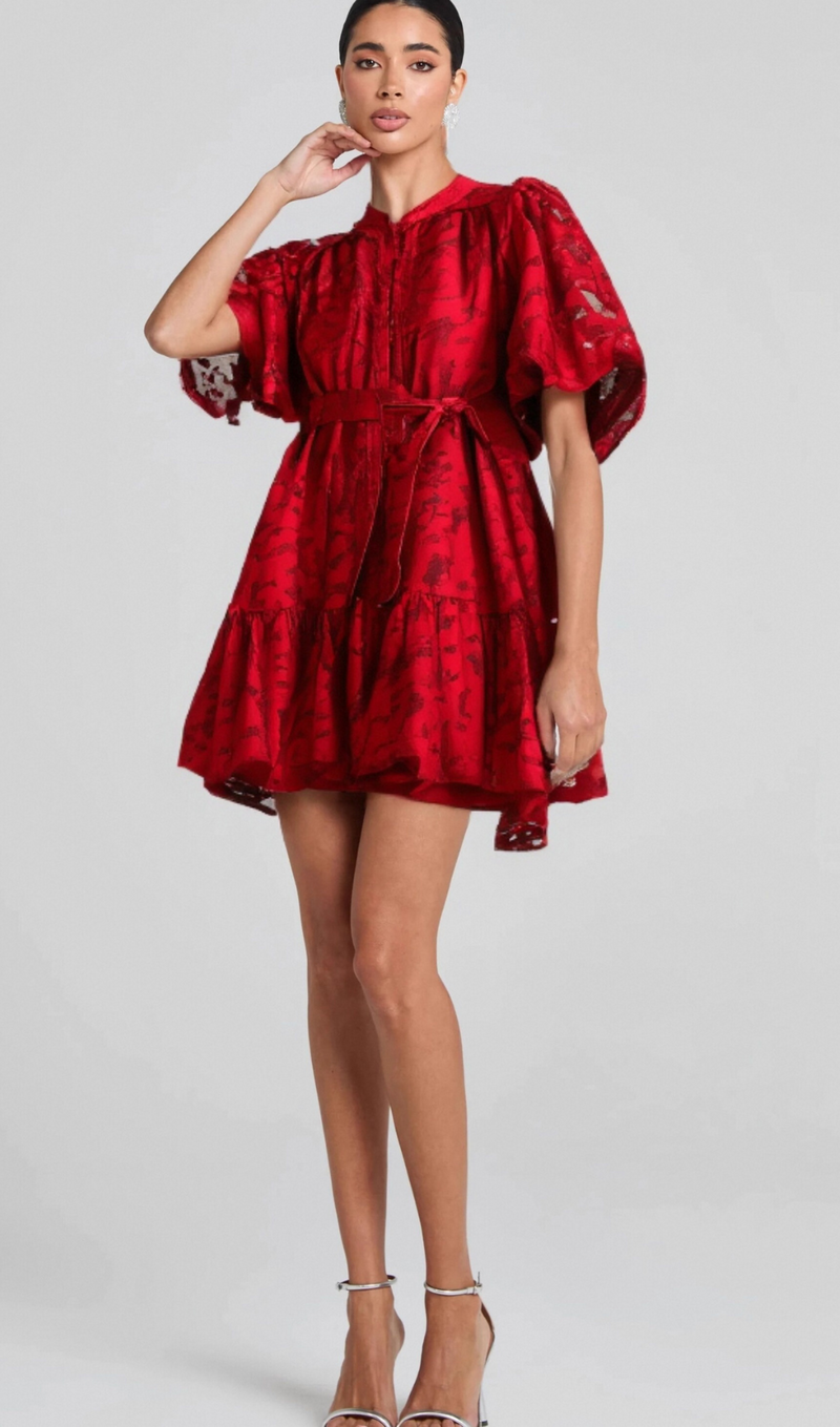 AthÉnaÏs red jacquard semi-sheer mini dress