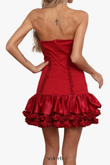 sally ruffle trim strapless mini dress in red