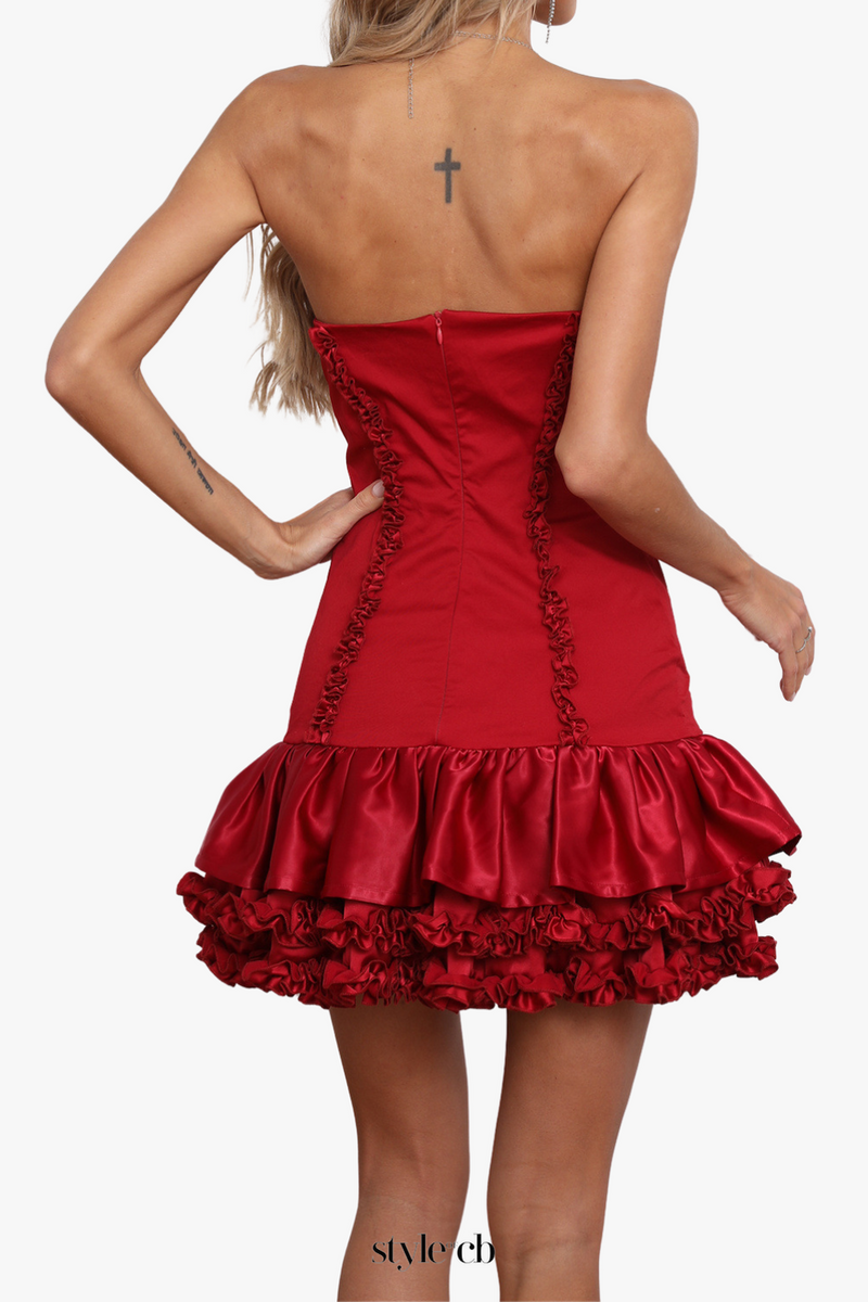 sally ruffle trim strapless mini dress in red