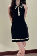 pearl embellished gold chain splice mini dress in black