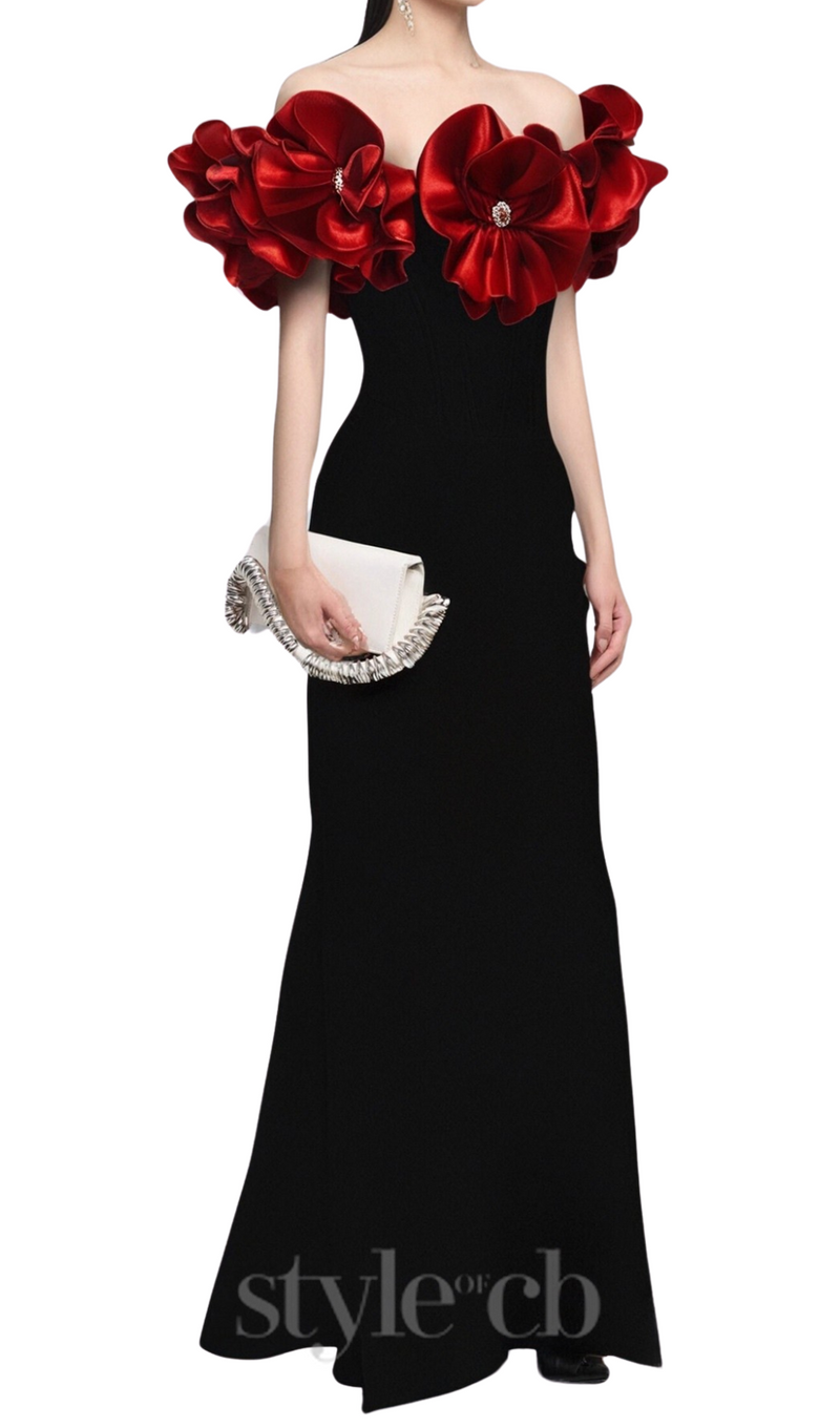 red flower embellished strapless Bandage maxi dress