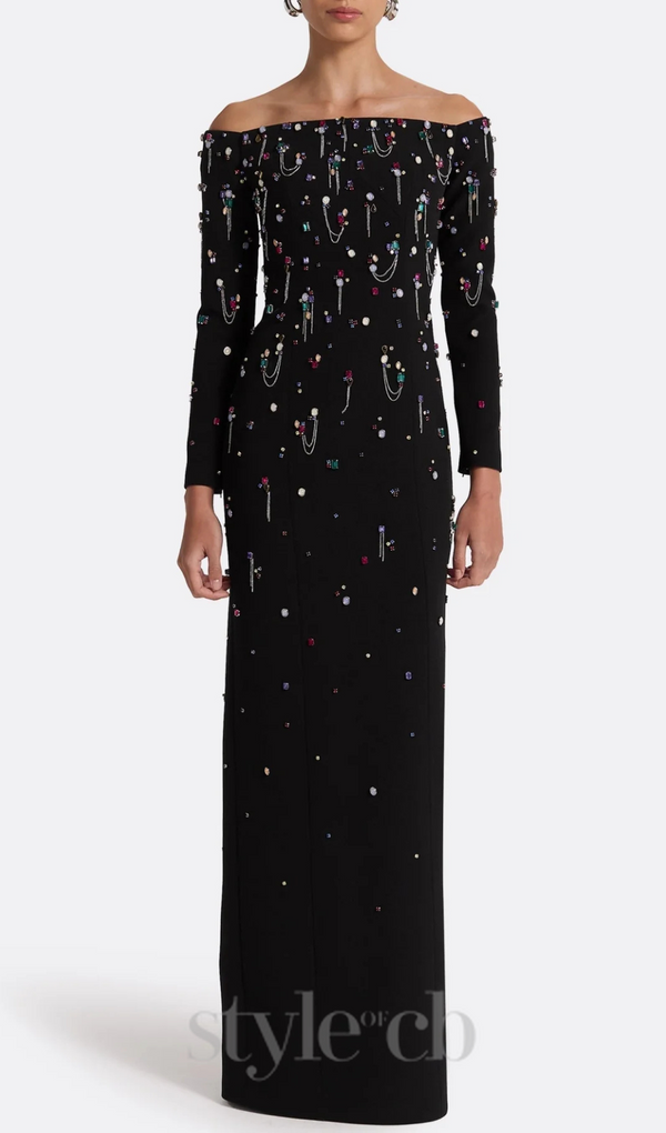 Pamaria Diamante Embroidery Off Shoulder Maxi Dress