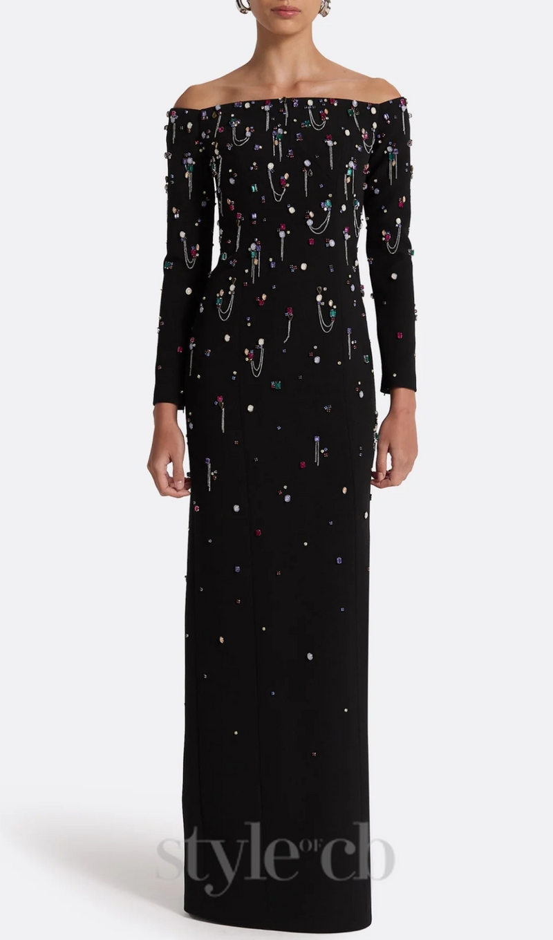 Pamaria Diamante Embroidery Off Shoulder Maxi Dress