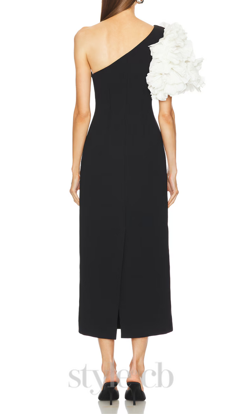 white flower embellished strapless black  midi dress