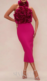 flower bandage midi dress in hot pink