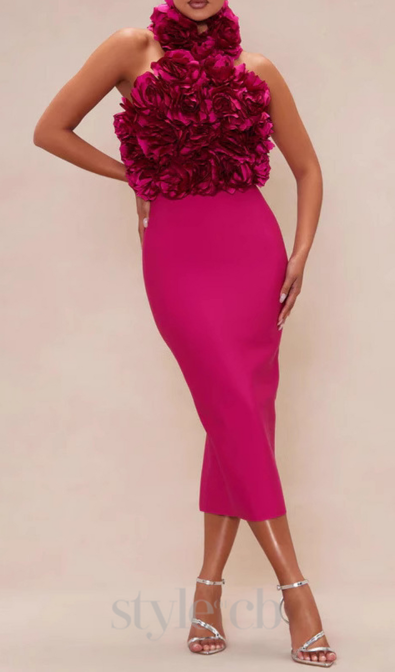 flower bandage midi dress in hot pink
