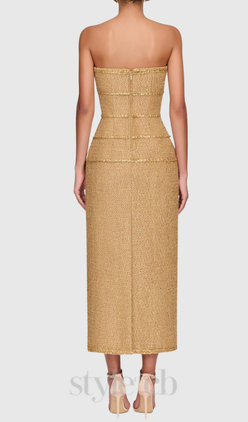 Elborno Gold Embellished Strapless Midi Dress