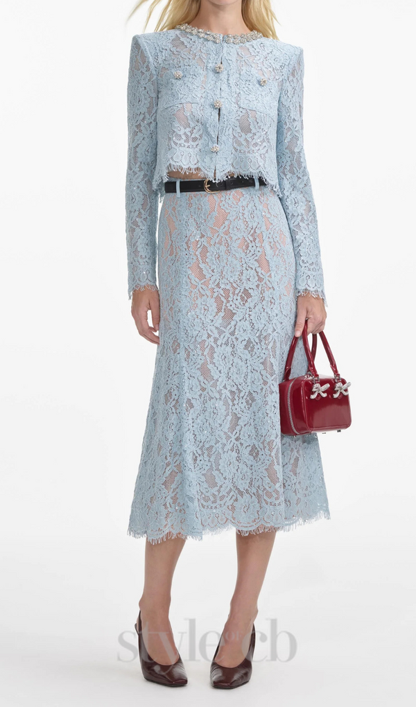 carol lace flared midi skirt in blue