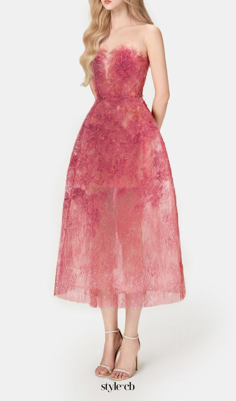 RED FLORAL LACE EMBROIDER MIDI DRESS