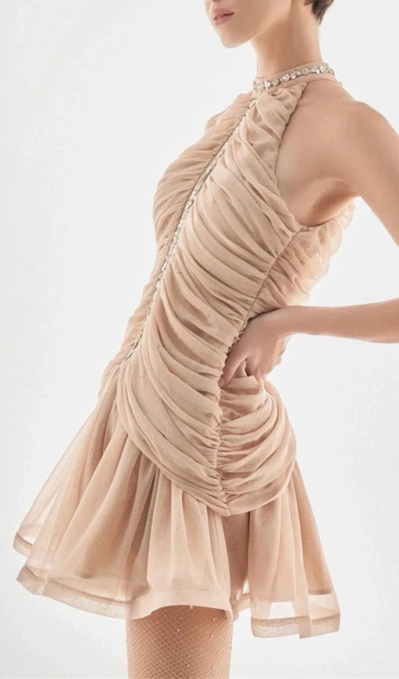 CHAMPAGNE AMENAE EMBELLISHED RUCHED MINI DRESS