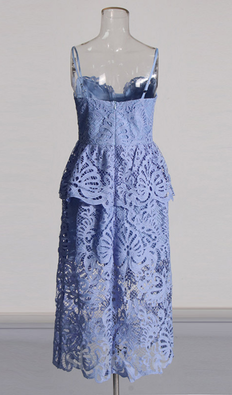 EVELYN CUT OUT LACE LAYERING MIDI DRESS IN BLUE