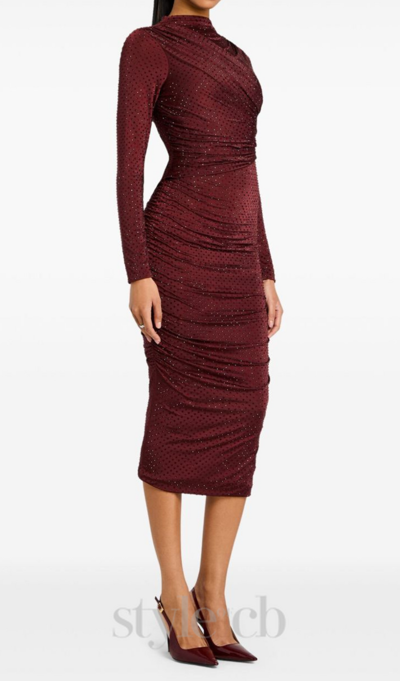 Diamond embellished pleated Midi Dress in merlot