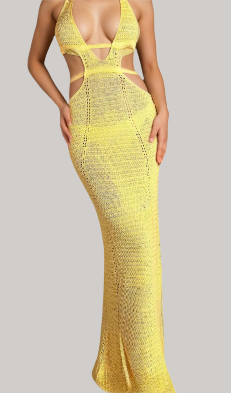 BIRIDI HALTER SHEER KNIT DRESS IN YELLOW