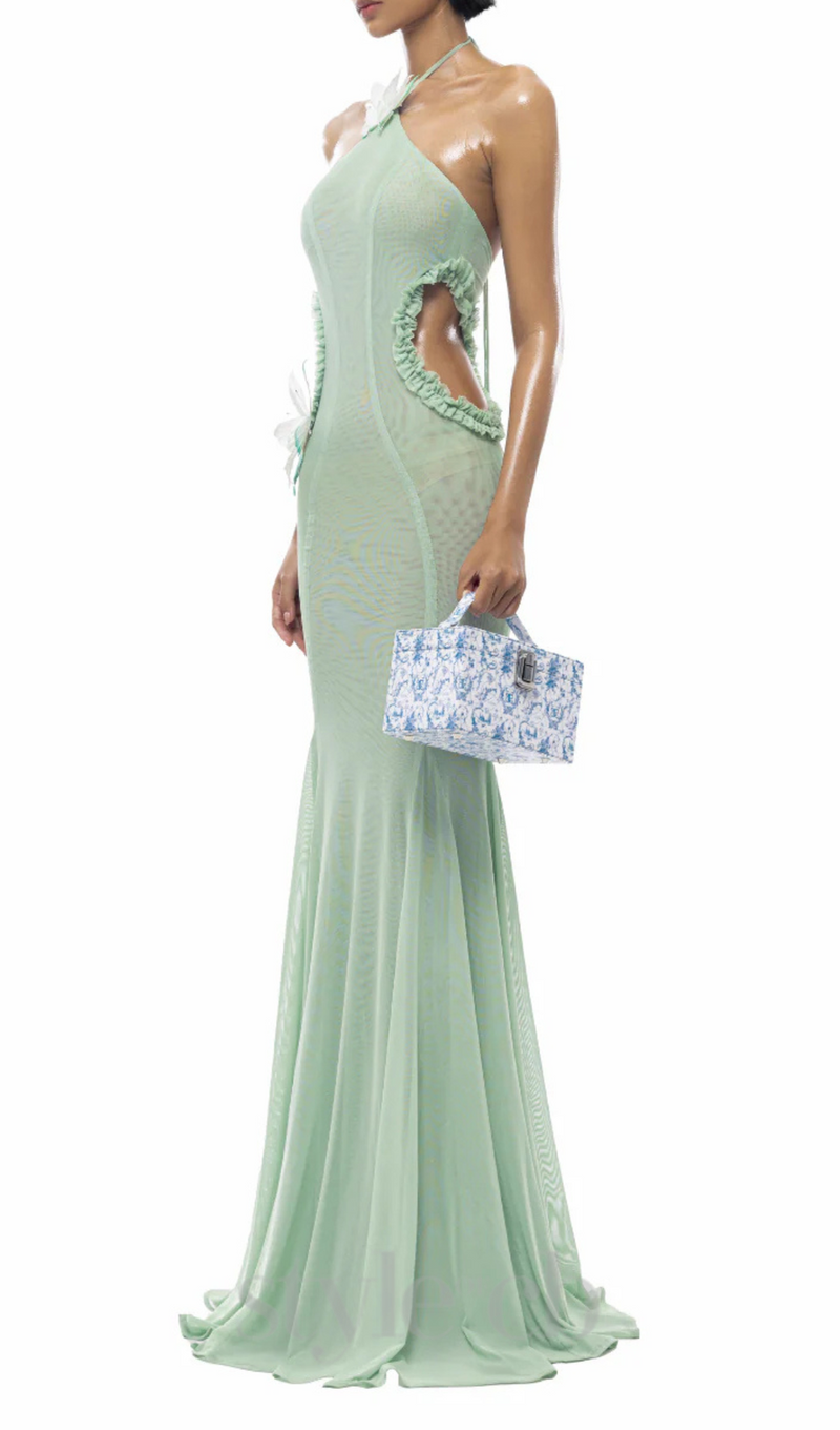 Butterfly Slip Halterneck Tulle maxi Dress in Green