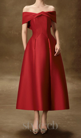 hebera a-line off-shoulder midi dress in red