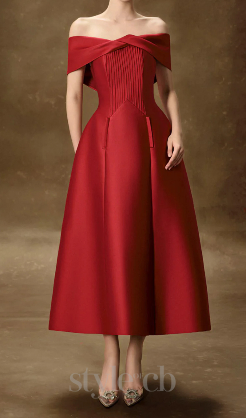 hebera a-line off-shoulder midi dress in red