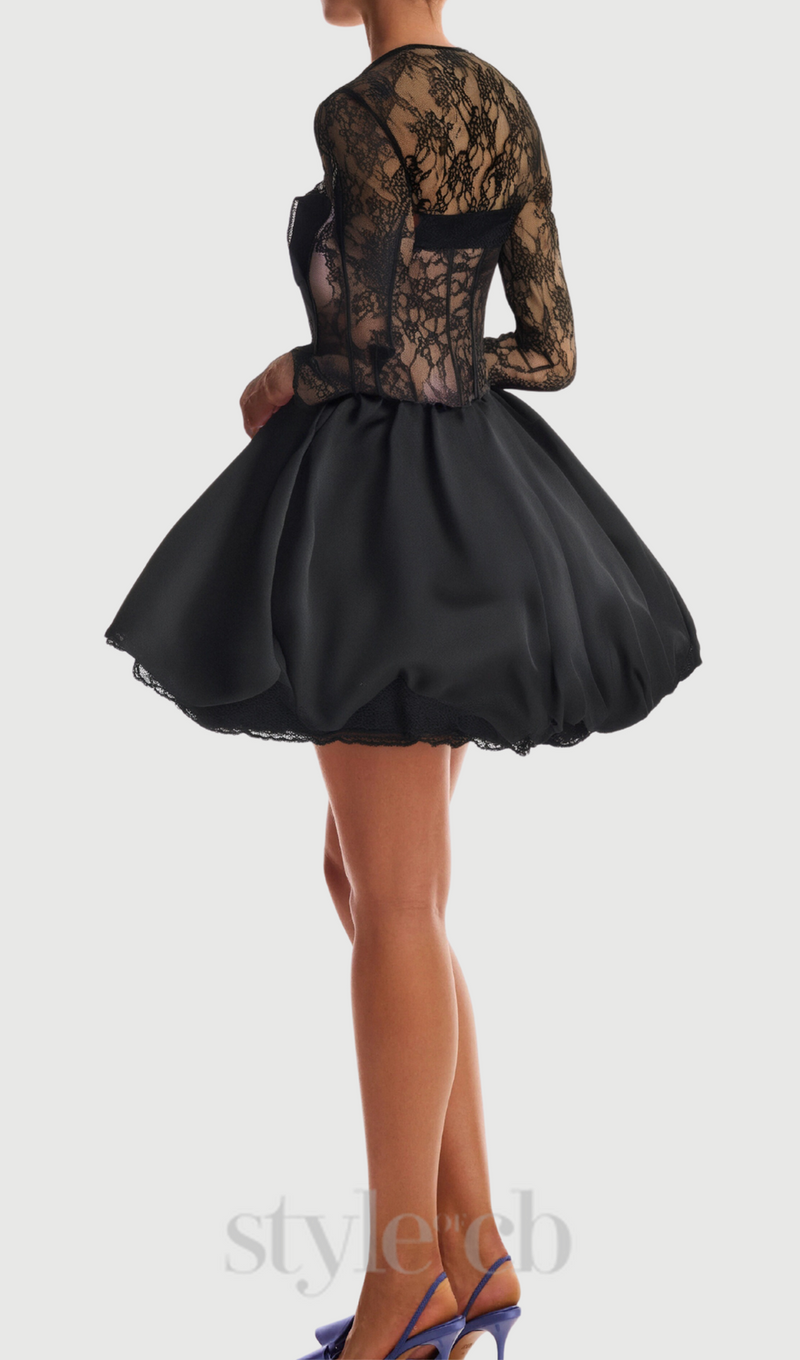 sally lace puffball mini dress in black