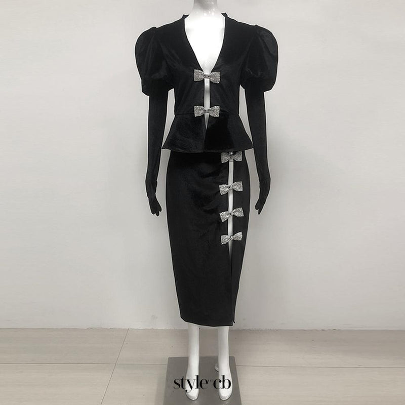 victoria cut out bow mini dress set in black