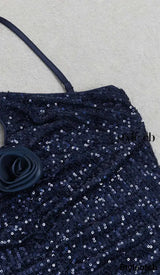 3D FLORAL HALTER SEQUIN MIDI DRESSIN NAVY BLUE DRESS STYLE OF CB 