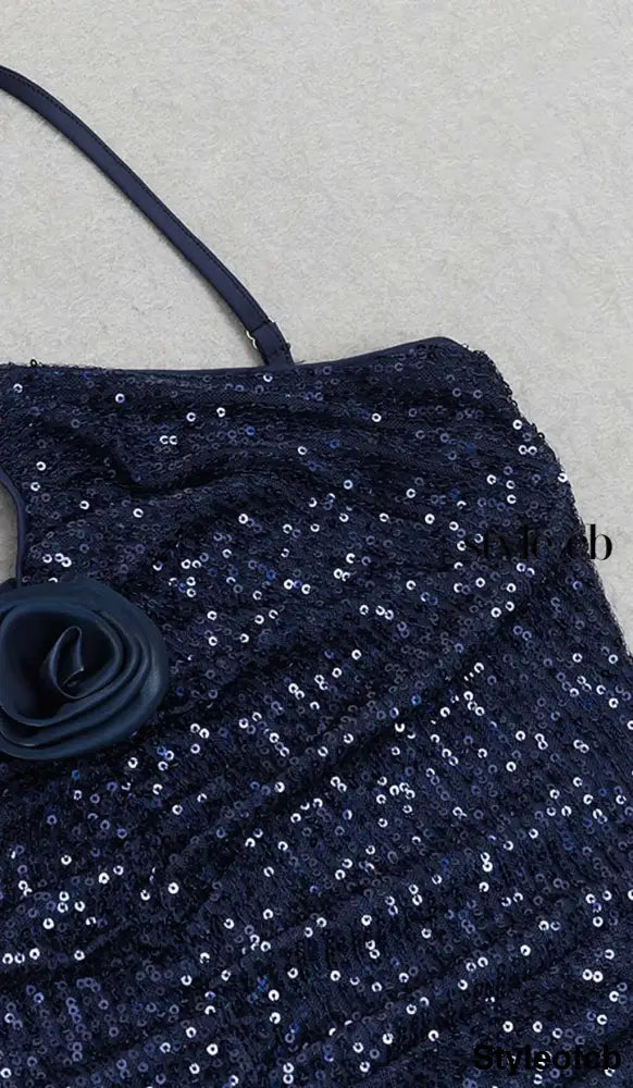 3D FLORAL HALTER SEQUIN MIDI DRESSIN NAVY BLUE DRESS STYLE OF CB 