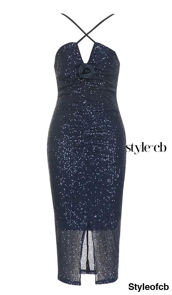 3D FLORAL HALTER SEQUIN MIDI DRESSIN NAVY BLUE DRESS STYLE OF CB 