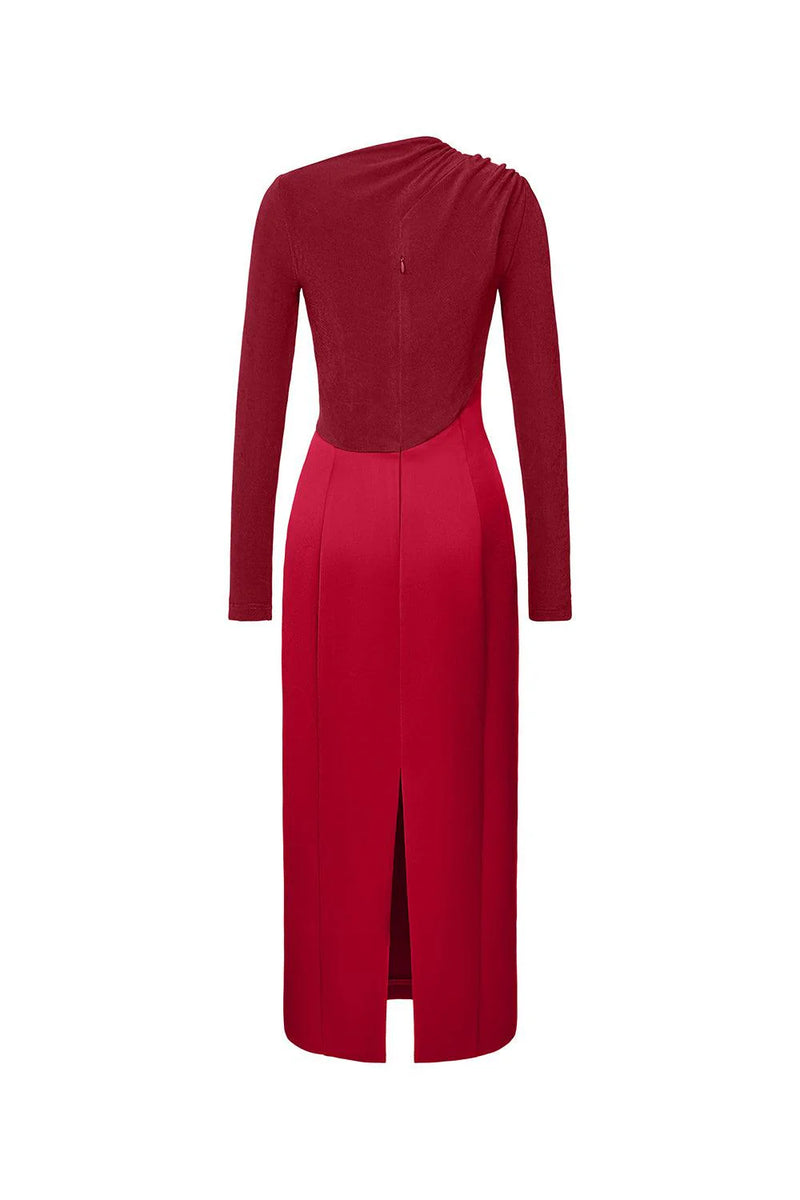 Eleanor Sheath Asymmetric Neck Taffeta Midi Dress in red