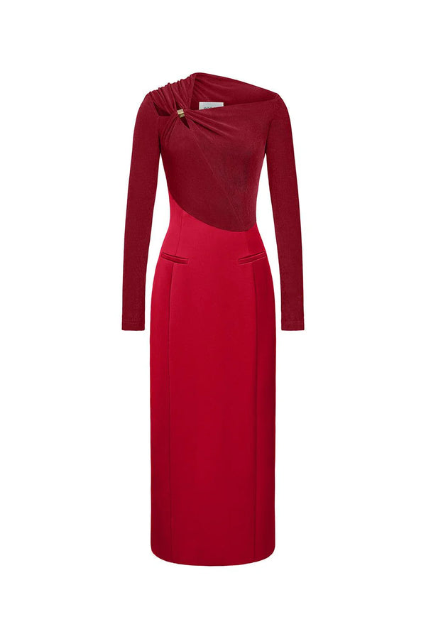 Eleanor Sheath Asymmetric Neck Taffeta Midi Dress in red