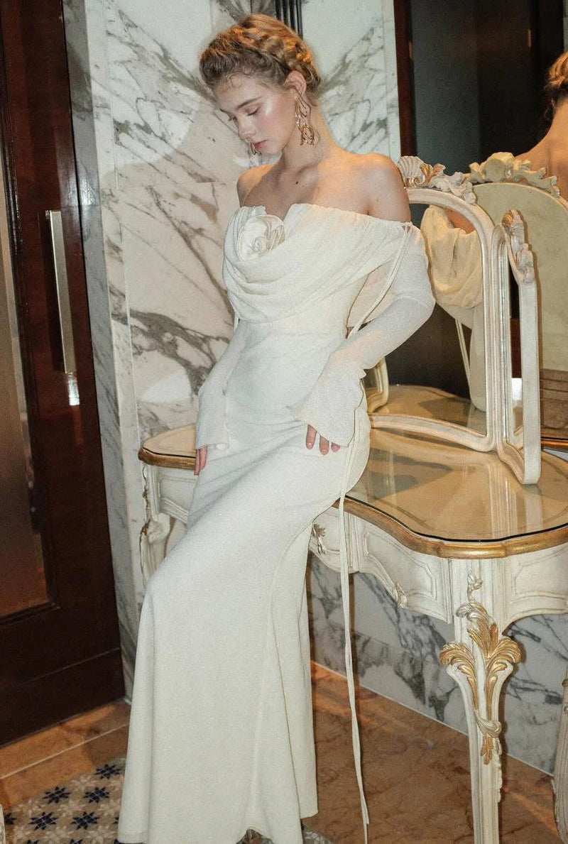 lila flower embellished pleated strapless maxi dress in white